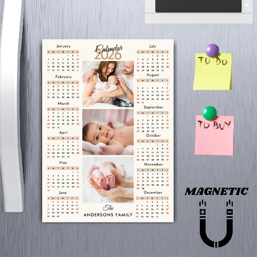 Beige Black Red 2026 Calendar Photo Collage Magnet
