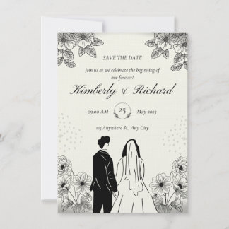 Beige Black Simple Illustation Wedding Invitation 招待状