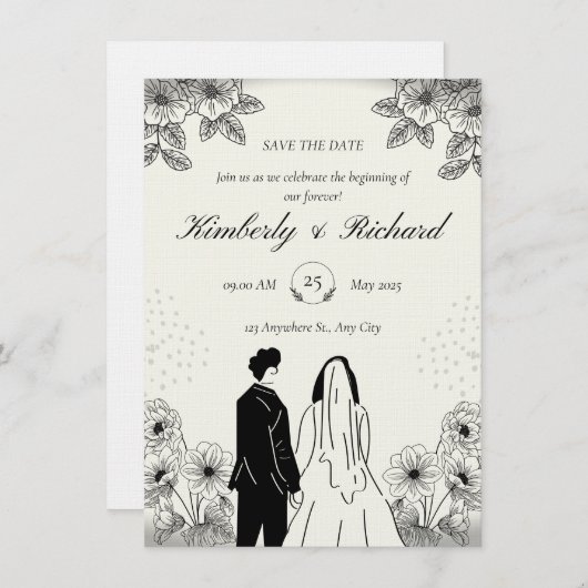Beige Black Simple Illustation Wedding Invitation 招待状 (正面/裏面)