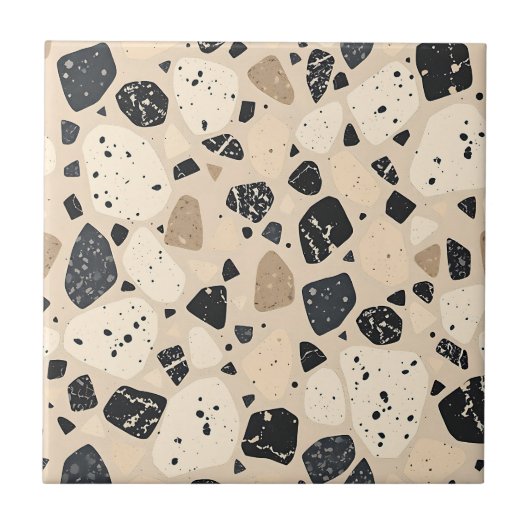 Beige Black Terrazzo Pattern Neutral Abstract  タイル (正面)