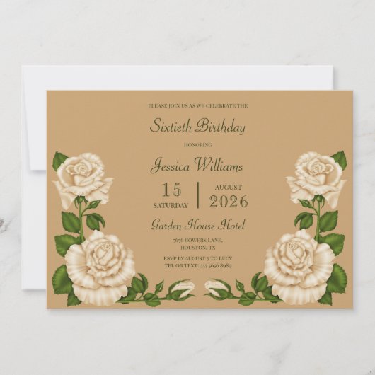Beige Blossom Decoration 60th Birthday 招待状 (正面)