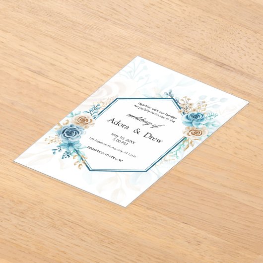 Beige blue Elegant Floral Wedding アクリル招待状 (レイダウン)