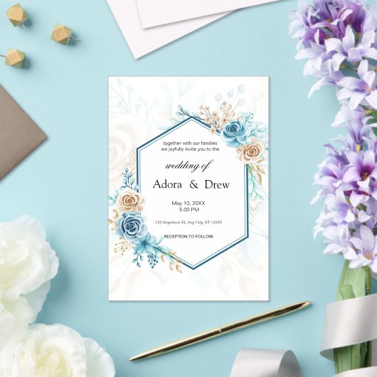 Beige blue Elegant Floral Wedding アクリル招待状 (インサイチュ (ウェディング))