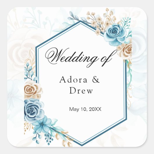 Beige blue Elegant Floral Wedding スクエアシール (正面)