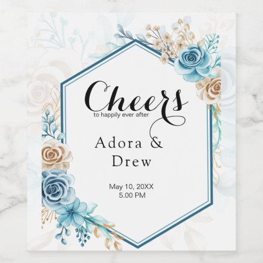 Beige blue Elegant Floral Wedding ワインラベル (シングルラベル)