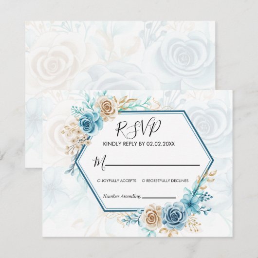 Beige blue Elegant Floral Wedding 出欠カード (正面/裏面)