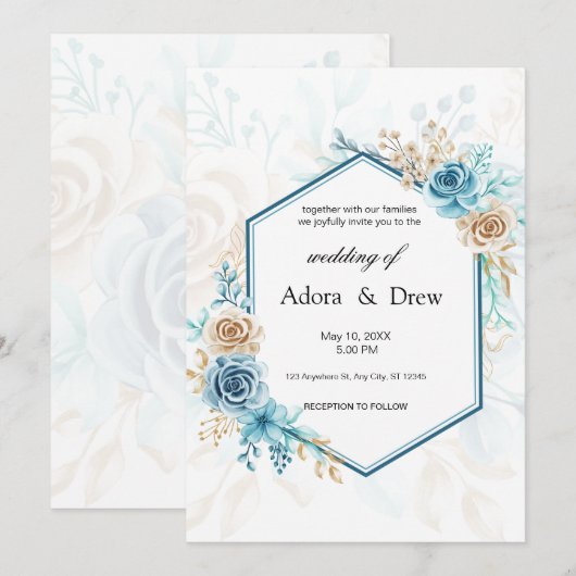Beige blue Elegant Floral Wedding 招待状 (正面/裏面)