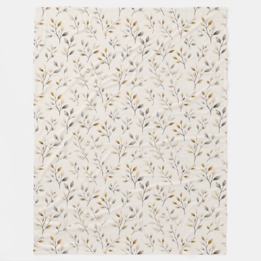 Beige Boho Neutral Botanical Cream Leaves Pattern フリースブランケット (正面)