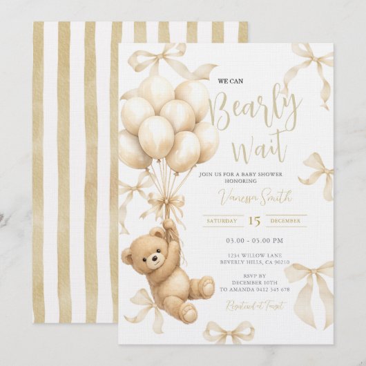 Beige Boho We Can Bearly Wait Baby Shower 招待状 (正面/裏面)