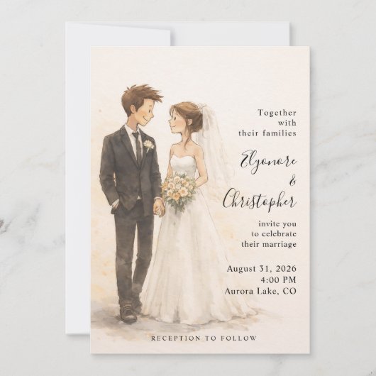 Beige Boho Whimsical Watercolor Wedding 招待状 (正面)