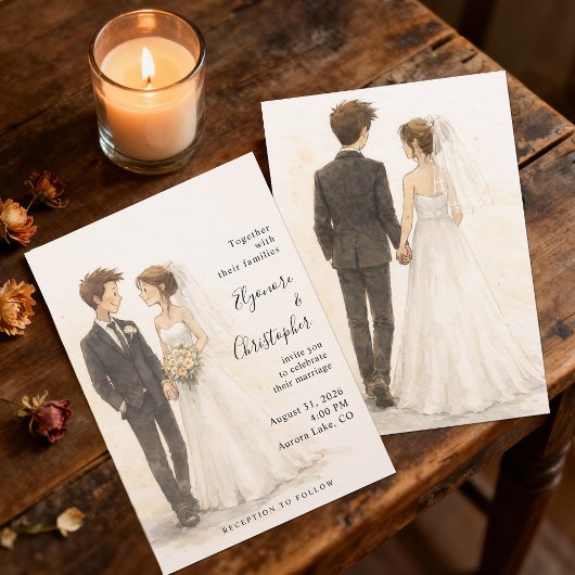 Beige Boho Whimsical Watercolor Wedding 招待状