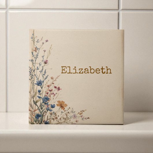 Beige Border Rustic Boho Wildflower  タイル