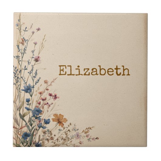 Beige Border Rustic Boho Wildflower  タイル (正面)