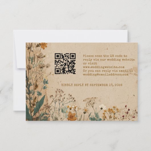 Beige Border Rustic Boho Wildflower QR Code 出欠カード (裏面)