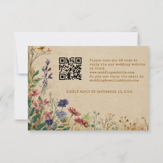 Beige Border Rustic Boho Wildflower QR Code 出欠カード (裏面)