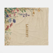 Beige Border Rustic Boho Wildflower Watercolor フリースブランケット (正面(横))