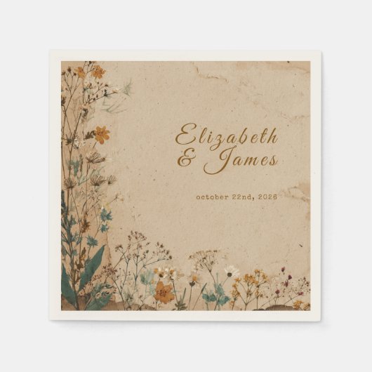 Beige Border Rustic Boho Wildflower Wedding スタンダードカクテルナプキン (正面)