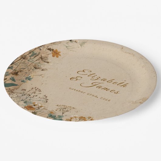 Beige Border Rustic Boho Wildflower Wedding ペーパープレート (アングル)