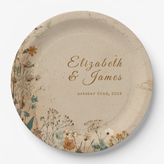 Beige Border Rustic Boho Wildflower Wedding ペーパープレート (正面)