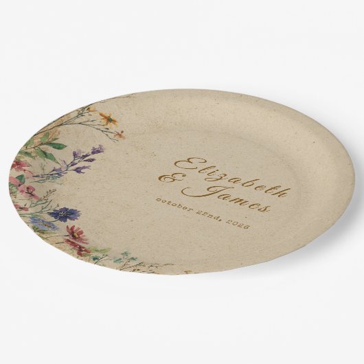 Beige Border Rustic Boho Wildflower Wedding ペーパープレート (アングル)