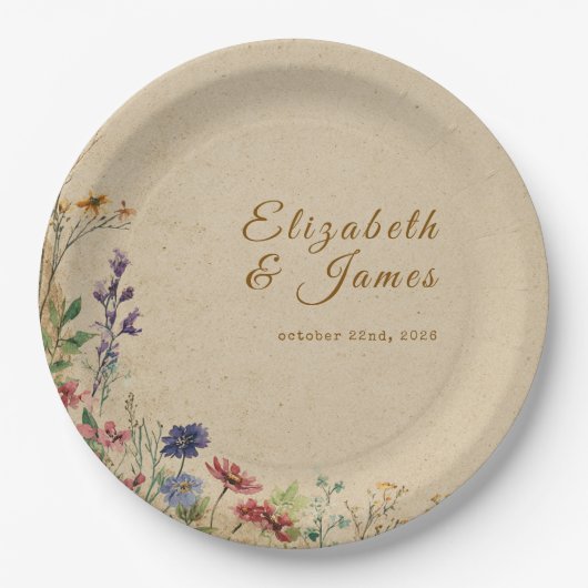 Beige Border Rustic Boho Wildflower Wedding ペーパープレート (正面)