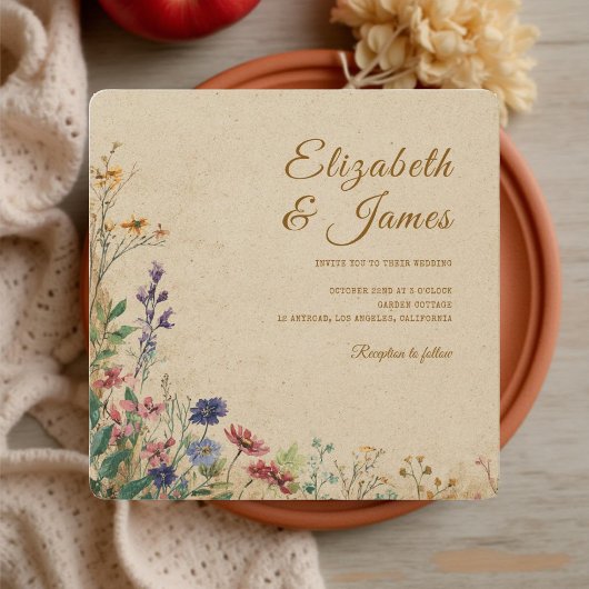 Beige Border Rustic Boho Wildflower Wedding 招待状