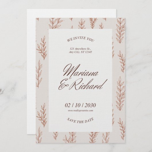 Beige Botanical Boho Wedding Invitation  招待状 (正面/裏面)