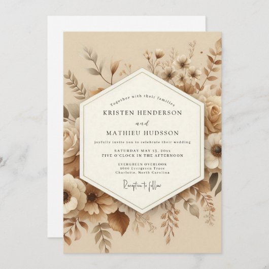 Beige Botanical Romantic Wedding 招待状 (正面/裏面)