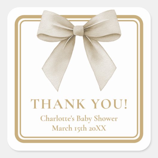 Beige Bow Baby Shower Thank You Favor Label スクエアシール (正面)