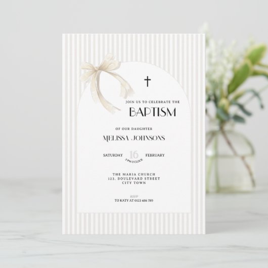 Beige Bow Striped Boys Girls - Baptism Invitation 招待状 (スタンド正面)