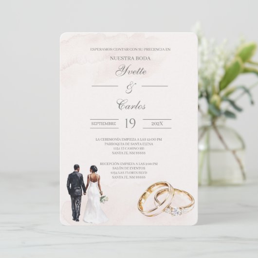Beige bride and groom with ring Spanish Wedding 招待状 (スタンド正面)