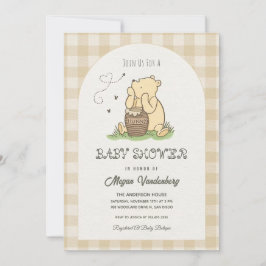 Beige Brown Checked Teddy Bear Baby Shower 招待状