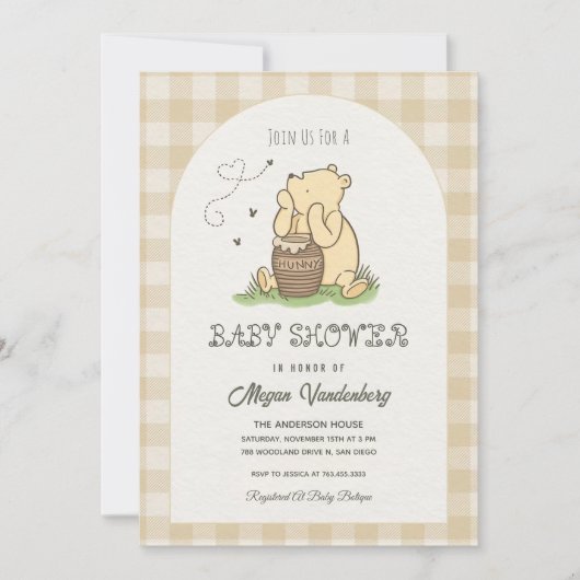 Beige Brown Checked Teddy Bear Baby Shower 招待状 (正面)