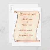 Beige Brown Scroll日付の結婚式のポストカードを保存 案内ポストカード (正面/裏面)
