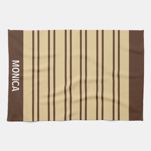  Beige &Brown Stripes Pattern monogram Name キッチンタオル (横)