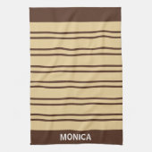  Beige &Brown Stripes Pattern monogram Name キッチンタオル (縦)