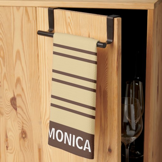  Beige &Brown Stripes Pattern monogram Name キッチンタオル (三つ折り)