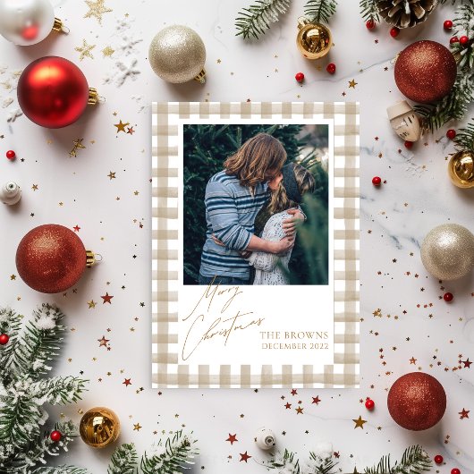 Beige Buffalo Plaid with Photo Christmas Card 招待状