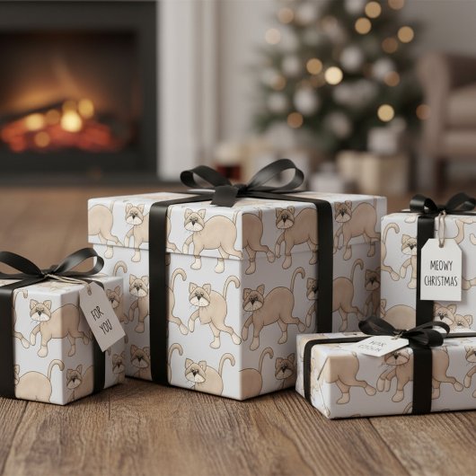 Beige Cat Drawing with Green Eyes ラッピングペーパー