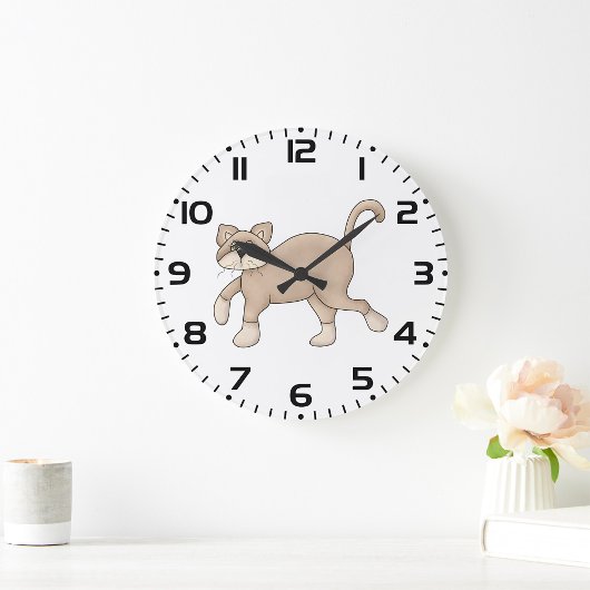 Beige Cat Drawing with Green Eyes ラージ壁時計