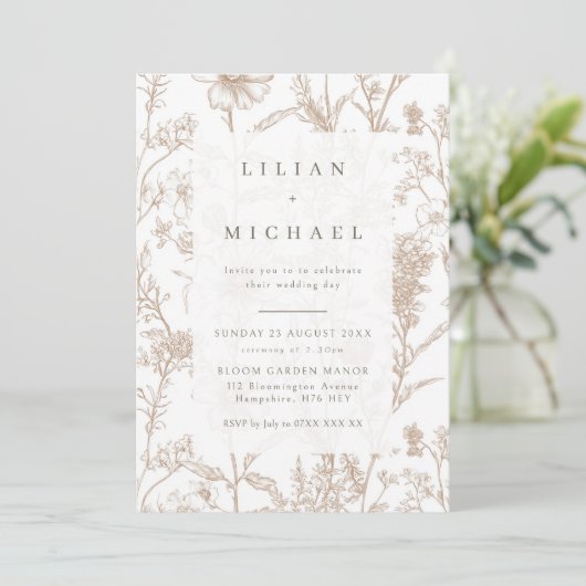 Beige Chinoiserie Wildflower Wedding Invitation 招待状 (スタンド正面)