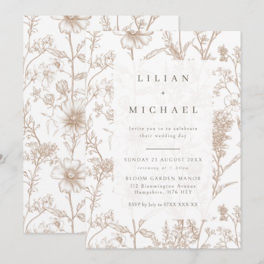 Beige Chinoiserie Wildflower Wedding Invitation 招待状 (正面/裏面)