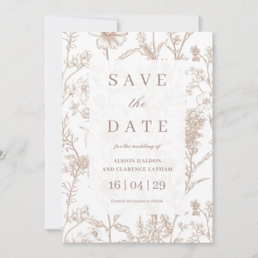 Beige Chinoiserie Wildflower Wedding Save the Date 招待状 (正面)