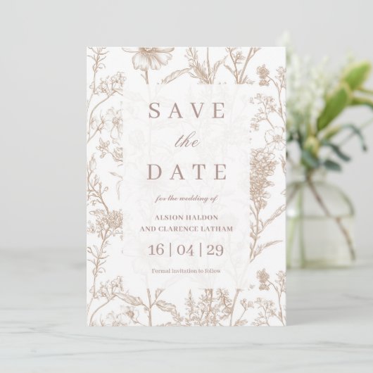 Beige Chinoiserie Wildflower Wedding Save the Date 招待状 (スタンド正面)