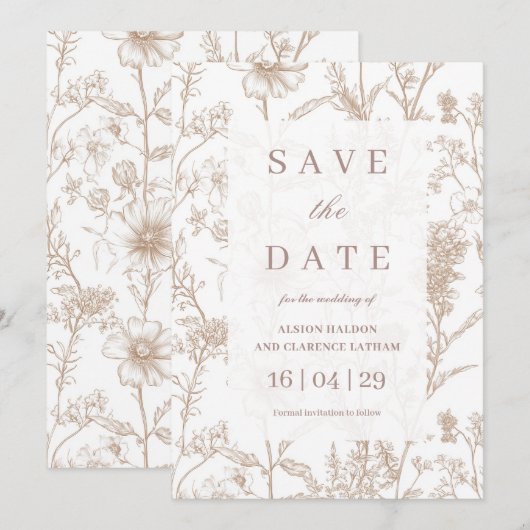 Beige Chinoiserie Wildflower Wedding Save the Date 招待状 (正面/裏面)