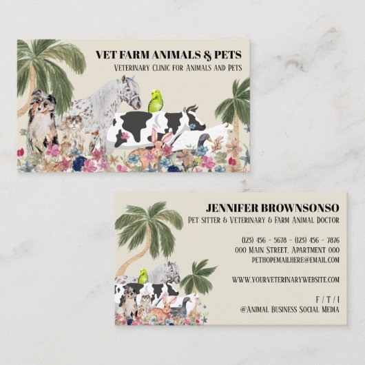 Beige Cow Sheep Dog Cat Bird Rabbit Duck Palm 名刺 (正面/裏面)