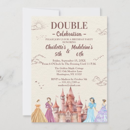 Beige  Cute Illustrative Girls’ Joint Birthday 招待状 (正面)