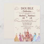 Beige  Cute Illustrative Girls’ Joint Birthday 招待状 (正面/裏面)