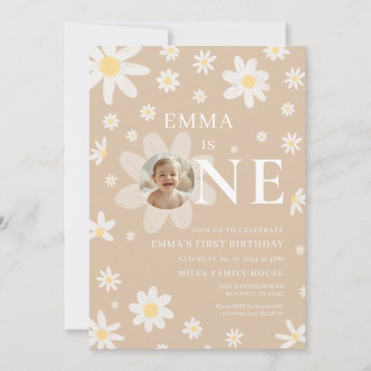 Beige Daisy First 1st Birthday Photo invitation 招待状 (正面)
