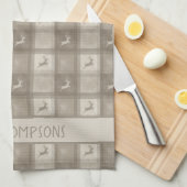 Beige Deer Plaid With Custom Family Name Christmas キッチンタオル (四つ折り)